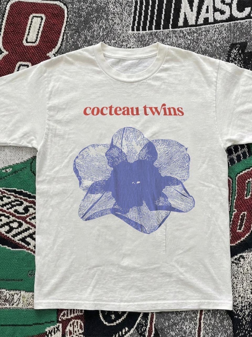 Gildan White Cocteau Twins Tee with Blue Flower and Red Logo